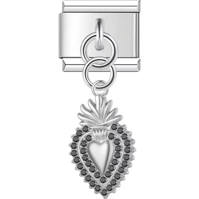 Sacred heart with flame and black stone border Italian charm bracelet link