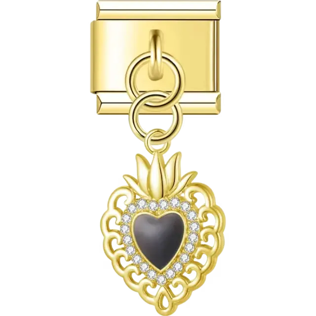 Sacred heart with black enamel center and crystal border Italian charm bracelet link