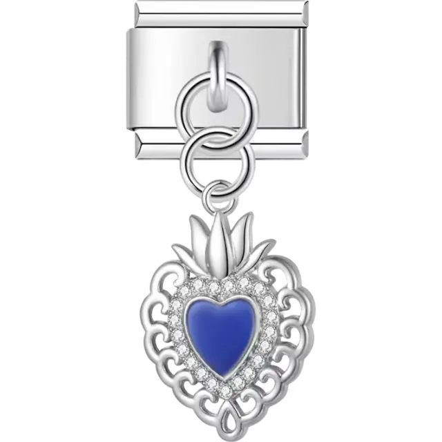 Sacred heart with blue enamel center and crystal border Italian charm bracelet link