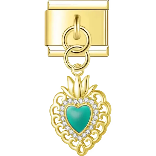 Sacred heart with green enamel center and crystal border Italian charm bracelet link