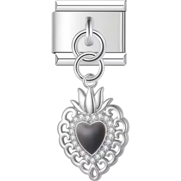 Sacred heart with black enamel center and crystal border Italian charm bracelet link