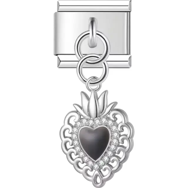 Sacred heart with black enamel center and crystal border Italian charm bracelet link