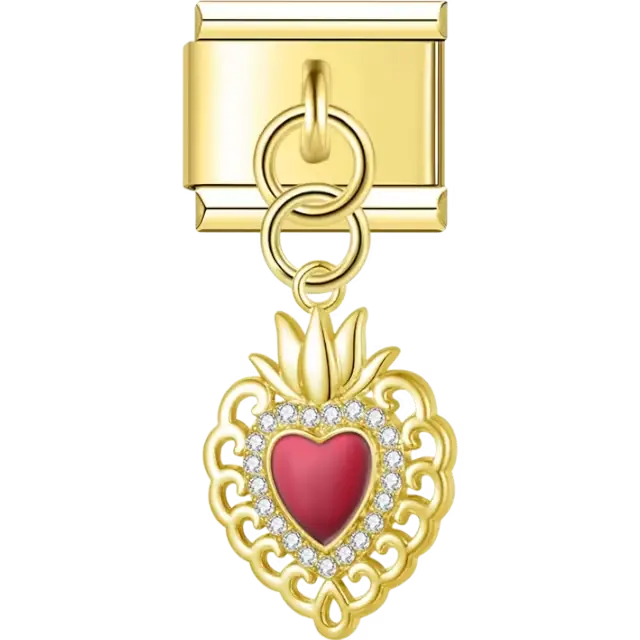 Sacred heart with red enamel center and crystal border Italian charm bracelet link