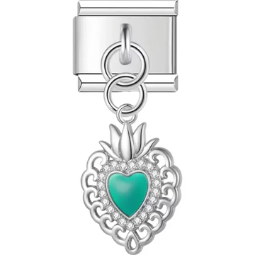 Sacred heart with green enamel center and crystal border Italian charm bracelet link
