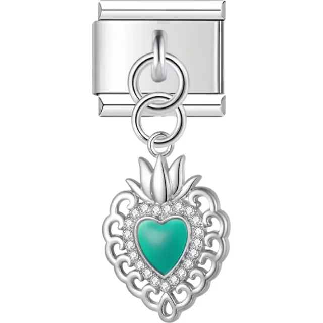 Sacred heart with green enamel center and crystal border Italian charm bracelet link