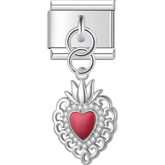 Sacred heart with red enamel center and crystal border Italian charm bracelet link