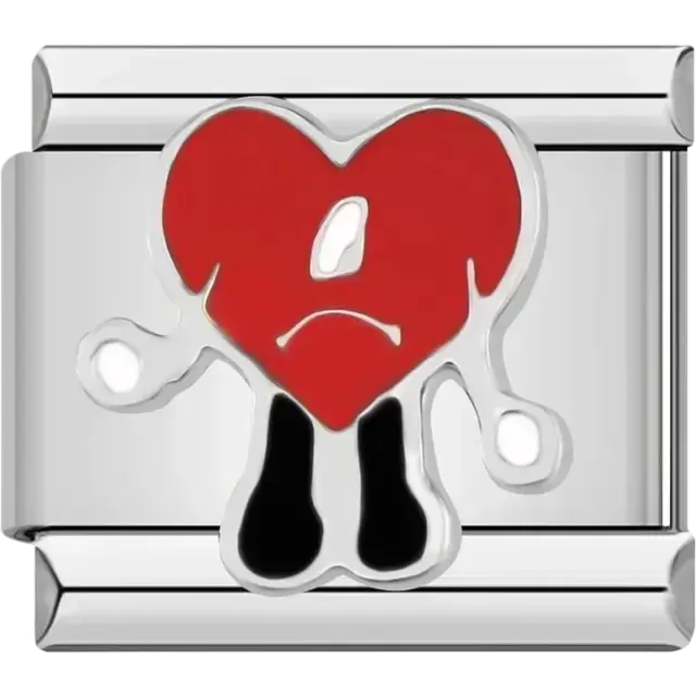 Red heart with a sad expression featuring arms and legs, bad bunny Italian charm bracelet link