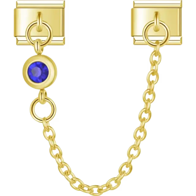 Safety chain featuring a vibrant blue crystal accent Italian charm bracelet link