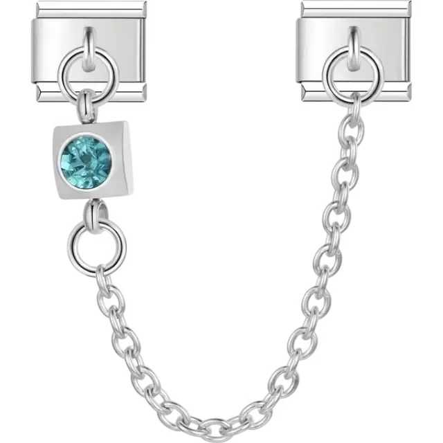 Safety chain featuring square-shaped light blue gemstone Italian charm bracelet link