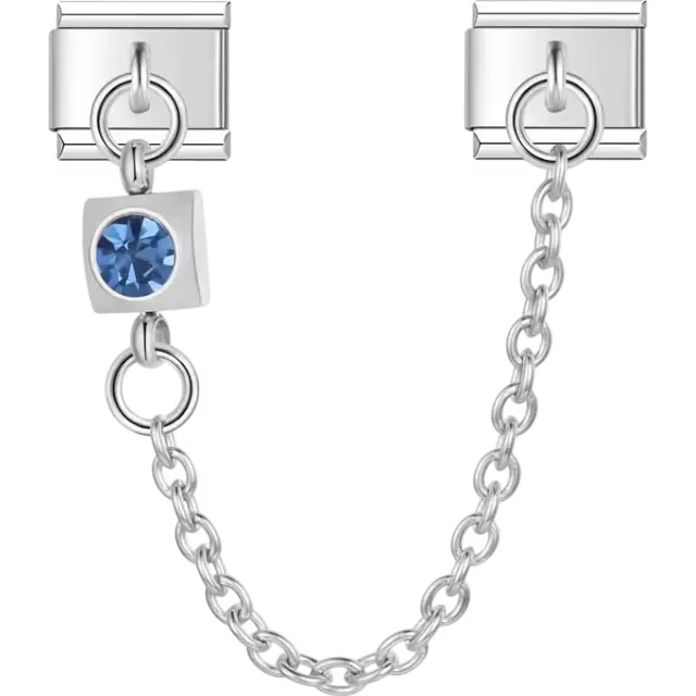 Safety chain featuring square-shaped blue gemstone Italian charm bracelet link