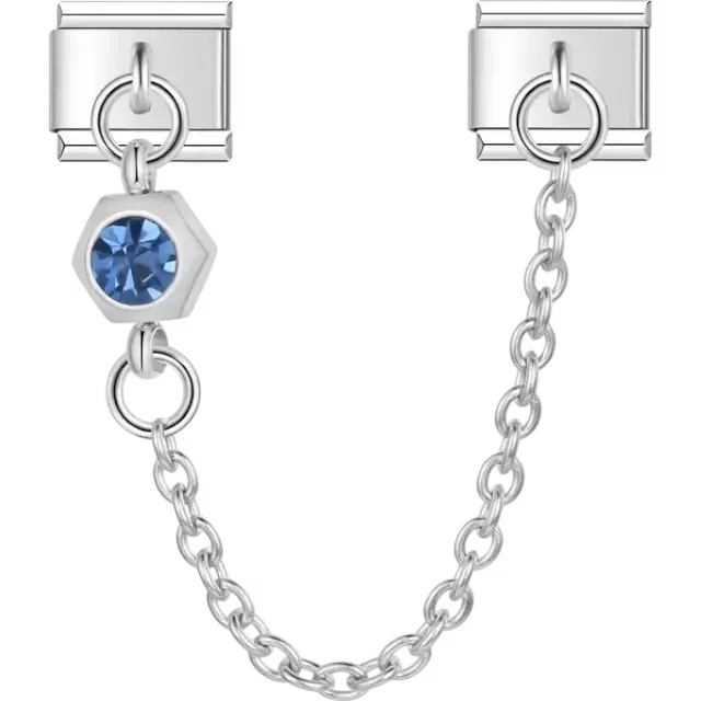 Safety chain featuring a hexagon-shaped design with a blue gemstone Italian charm bracelet link