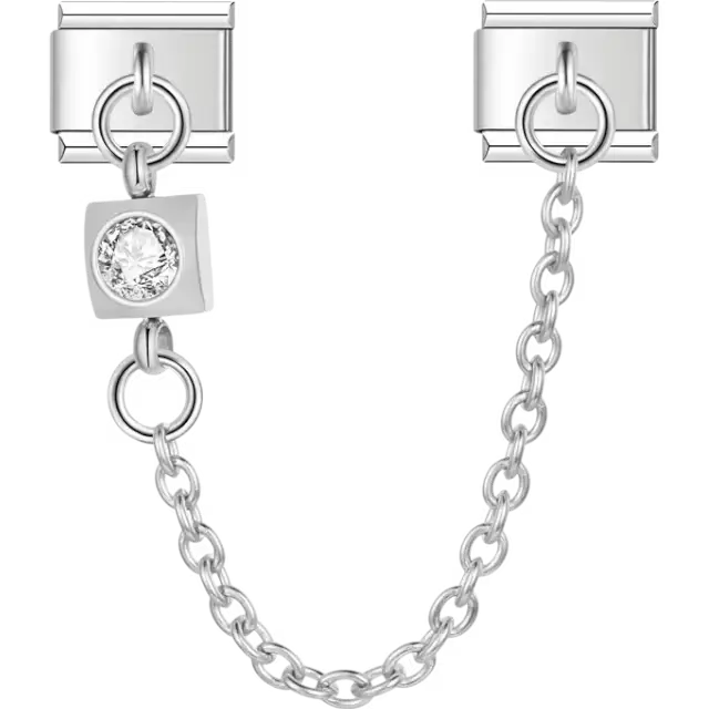 Safety chain featuring square-shaped clear gemstone Italian charm bracelet link