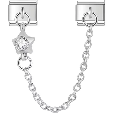 Safety chain featuring a star-shaped design with a clear gemstone Italian charm bracelet link