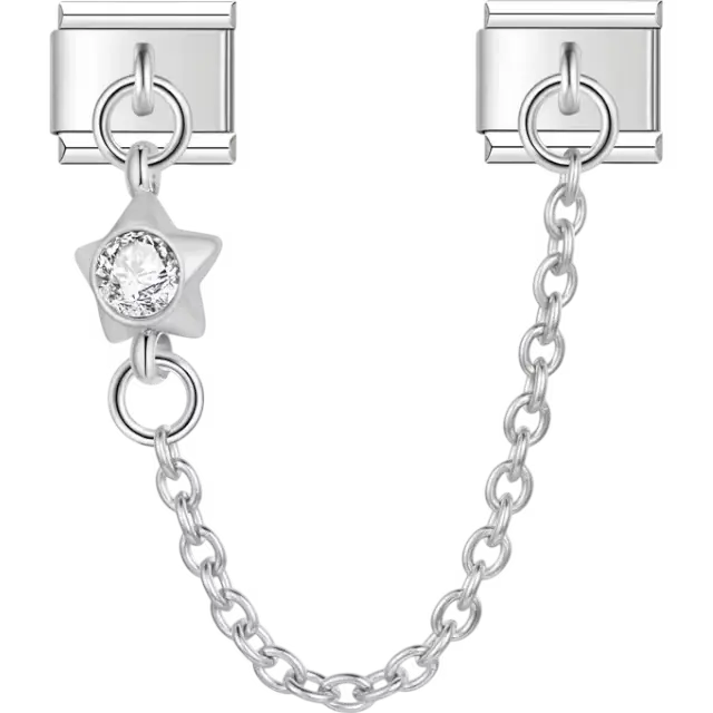 Safety chain featuring a star-shaped design with a clear gemstone Italian charm bracelet link