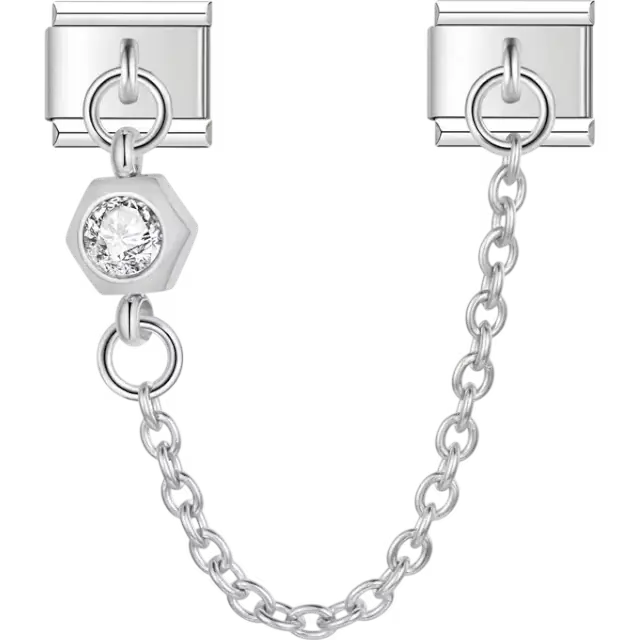 Safety chain featuring a hexagon-shaped design with a clear gemstone Italian charm bracelet link