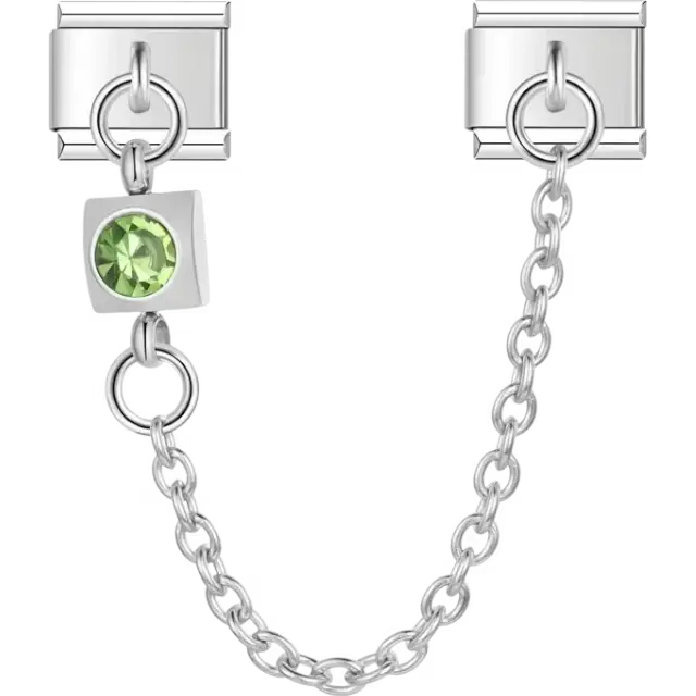 Safety chain featuring square-shaped green gemstone Italian charm bracelet link