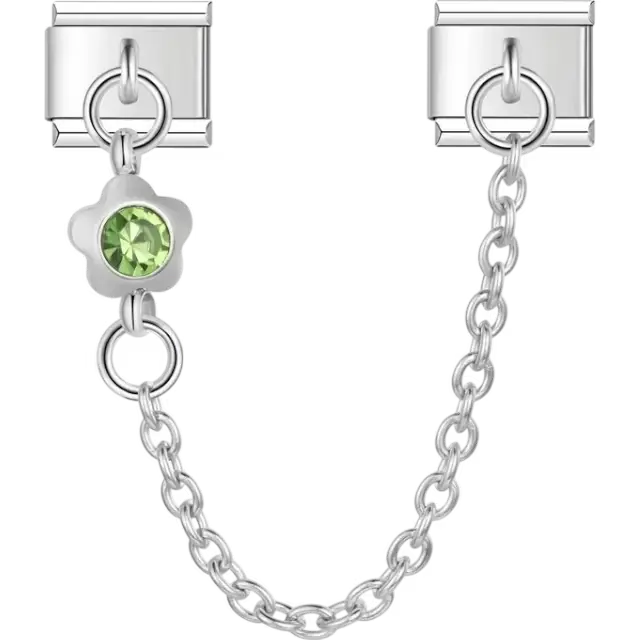 Safety chain featuring a flower-shaped design with a green gemstone Italian charm bracelet link