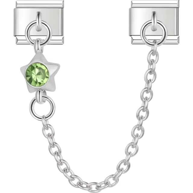 Safety chain featuring a star-shaped design with a green gemstone Italian charm bracelet link