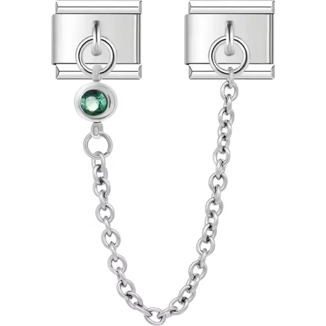 Safety chain with a green gemstone Italian charm bracelet link