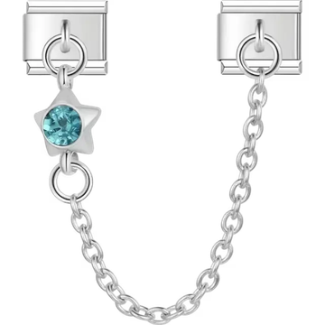 Safety chain featuring a star-shaped design with a light blue gemstone Italian charm bracelet link