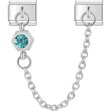 Safety chain featuring a hexagon-shaped design with a light blue gemstone Italian charm bracelet link