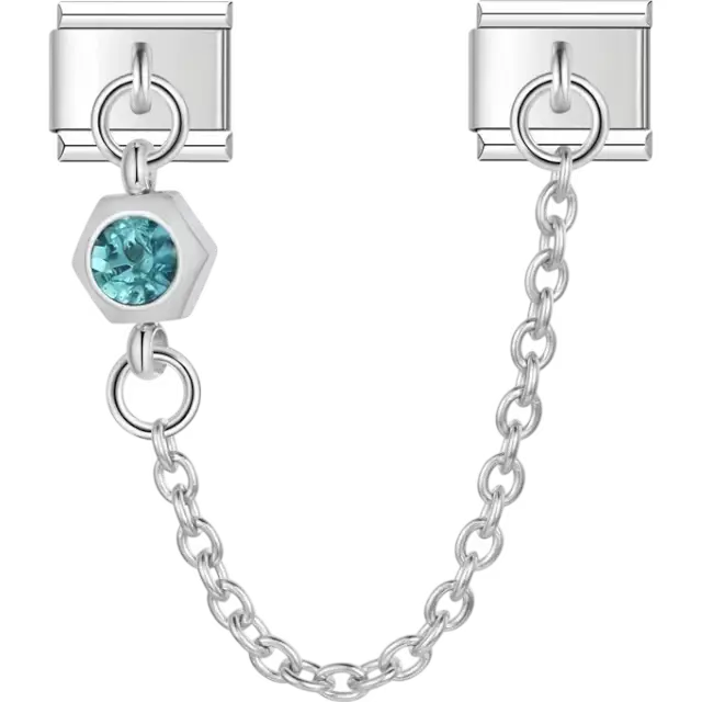 Safety chain featuring a hexagon-shaped design with a light blue gemstone Italian charm bracelet link