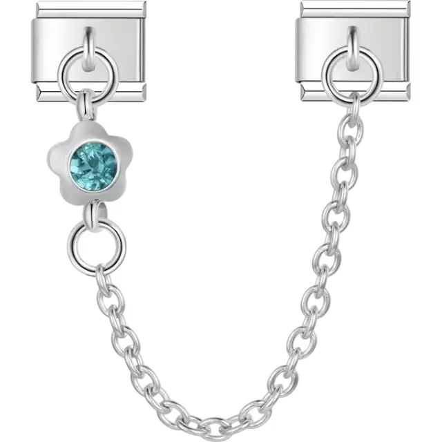 Safety chain featuring a flower-shaped design with a light blue gemstone Italian charm bracelet link