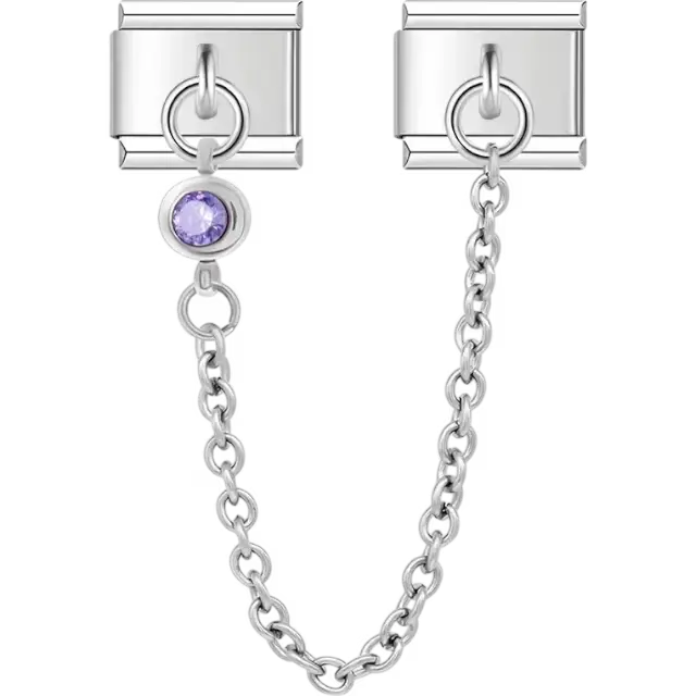 Safety chain with a purple gemstone Italian charm bracelet link