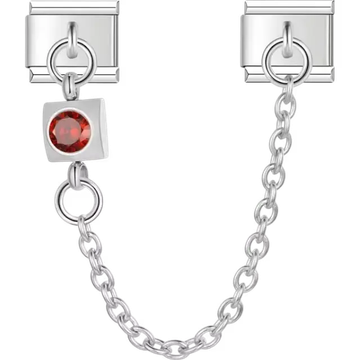 Safety chain featuring square-shaped red gemstone Italian charm bracelet link
