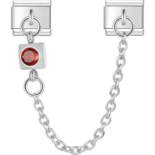 Safety chain featuring square-shaped red gemstone Italian charm bracelet link