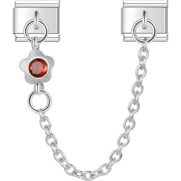 Safety chain featuring a flower-shaped design with a red gemstone Italian charm bracelet link
