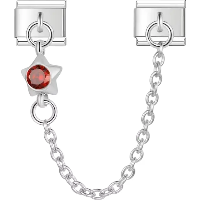 Safety chain featuring a star-shaped design with a red gemstone Italian charm bracelet link