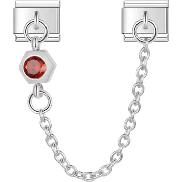 Safety chain featuring a hexagon-shaped design with a red gemstone Italian charm bracelet link