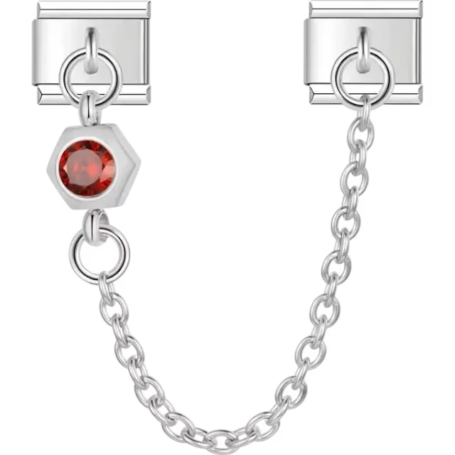 Safety chain featuring a hexagon-shaped design with a red gemstone Italian charm bracelet link