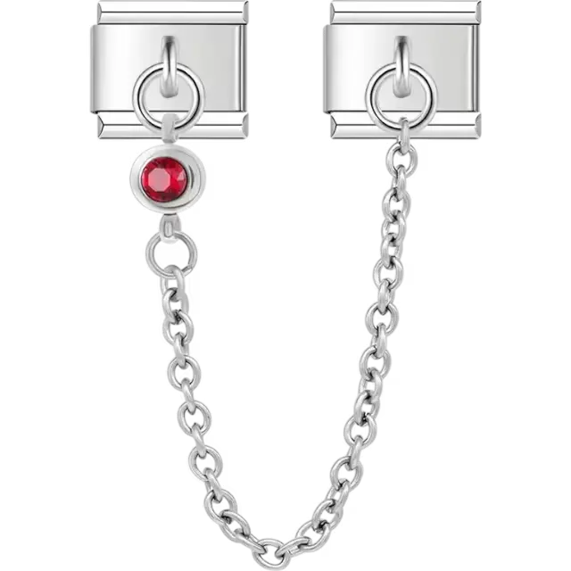 Safety chain with a red gemstone Italian charm bracelet link