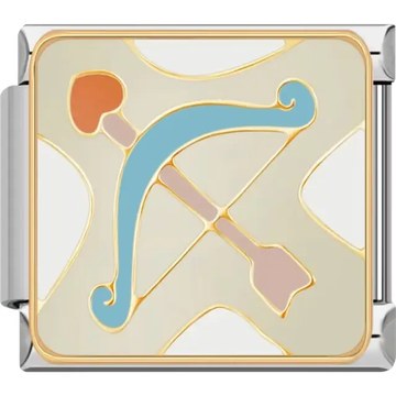 Gold and blue bow and arrow design with orange and beige accents Italian charm bracelet link