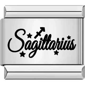 Black "Sagittarius" text with Sagittarius symbol and star accents Italian charm bracelet link