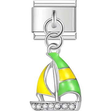 Green and yellow sailboat with crystal accents dangle Italian charm bracelet link