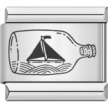 Sailboat inside a bottle design with wave details Italian charm bracelet link