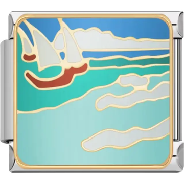 Seaside scene with white sailboats, turquoise ocean waves, and a blue sky with white clouds Italian charm bracelet link