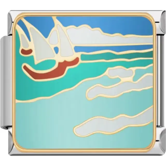 Seaside scene with white sailboats, turquoise ocean waves, and a blue sky with white clouds Italian charm bracelet link