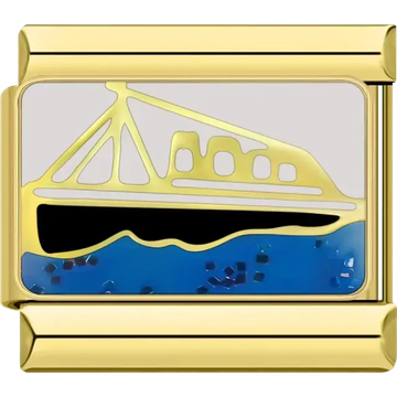 Golden ship design with sails over glittery blue water Italian charm bracelet link
