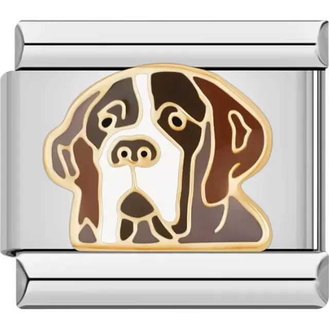 Brown and white Saint Bernard dog with gold details Italian charm bracelet link