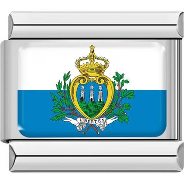 White and blue horizontal stripes coat of arms with crown three towers green branches San Marino flag Italian charm bracelet link