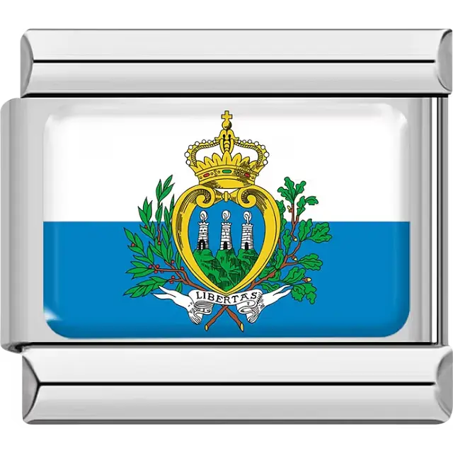 White and blue horizontal stripes coat of arms with crown three towers green branches San Marino flag Italian charm bracelet link