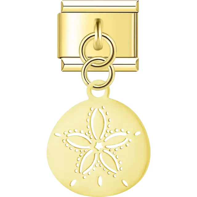 Round disc with sand dollar cutout design on dangle medal Italian charm bracelet link