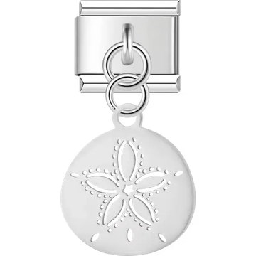 Round disc with sand dollar cutout design on dangle medal Italian charm bracelet link