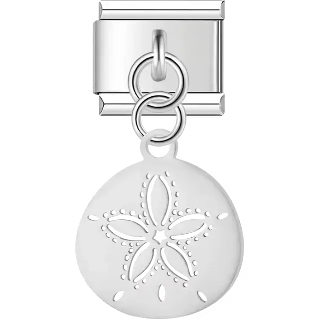 Round disc with sand dollar cutout design on dangle medal Italian charm bracelet link