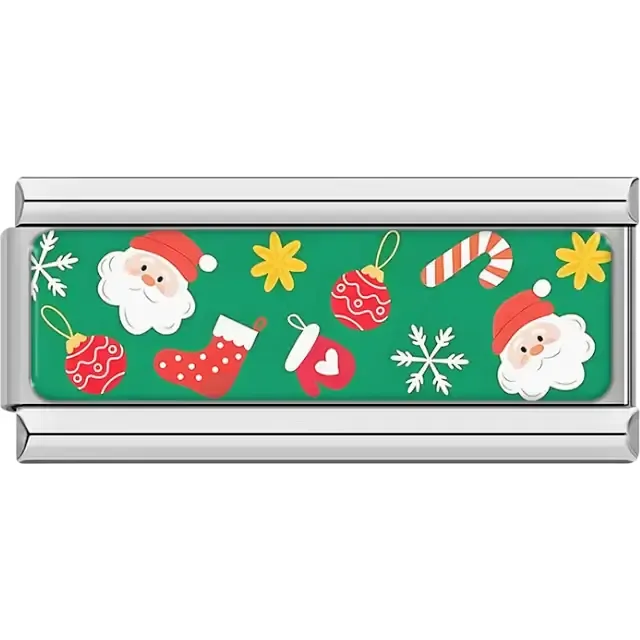 Green background with Santa faces and holiday icons Italian charm bracelet link