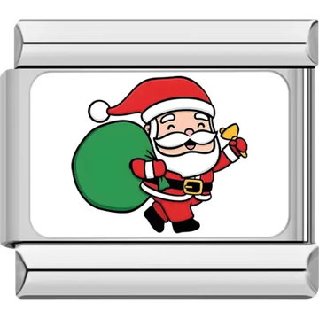 Santa Claus carrying a green bag and holding a golden bell Italian charm bracelet link